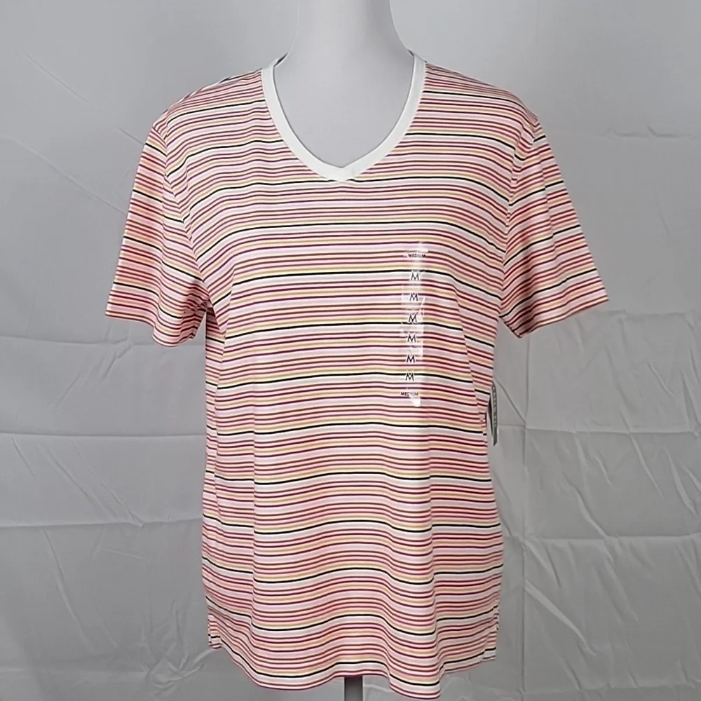 Kim Rogers Size M Multi Color Stripe V Neck Short Sleeve T Shirt, NEW with Tags